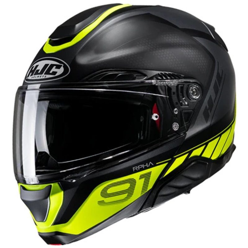 HJC RPHA91 Rafino MC3HSF – Casco modular de moto negro y amarillo mate, ECE 22.06