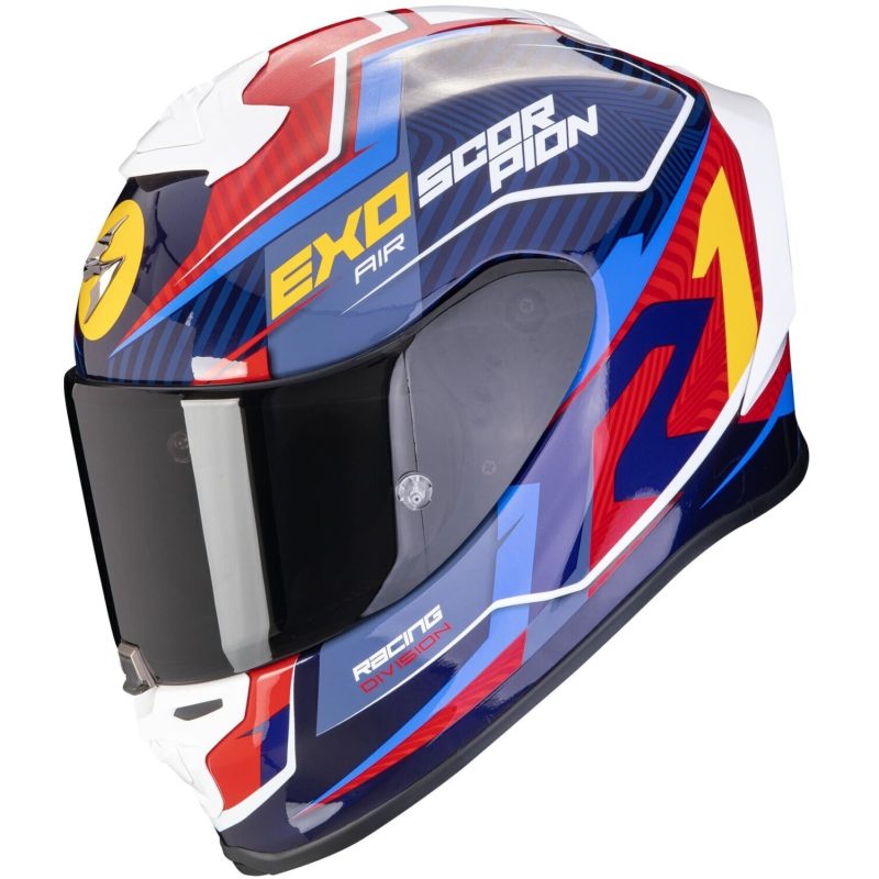 Scorpion EXO-R1 Evo Air Coup – Casco integral de moto amarillo, rojo y azul, ECE 22.06