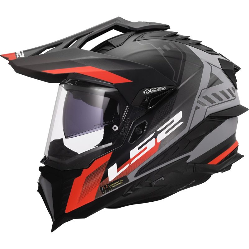 LS2 MX701 Explorer Hexa – Casco trail/adventure de moto negro mate / rojo / gris, ECE 22.06