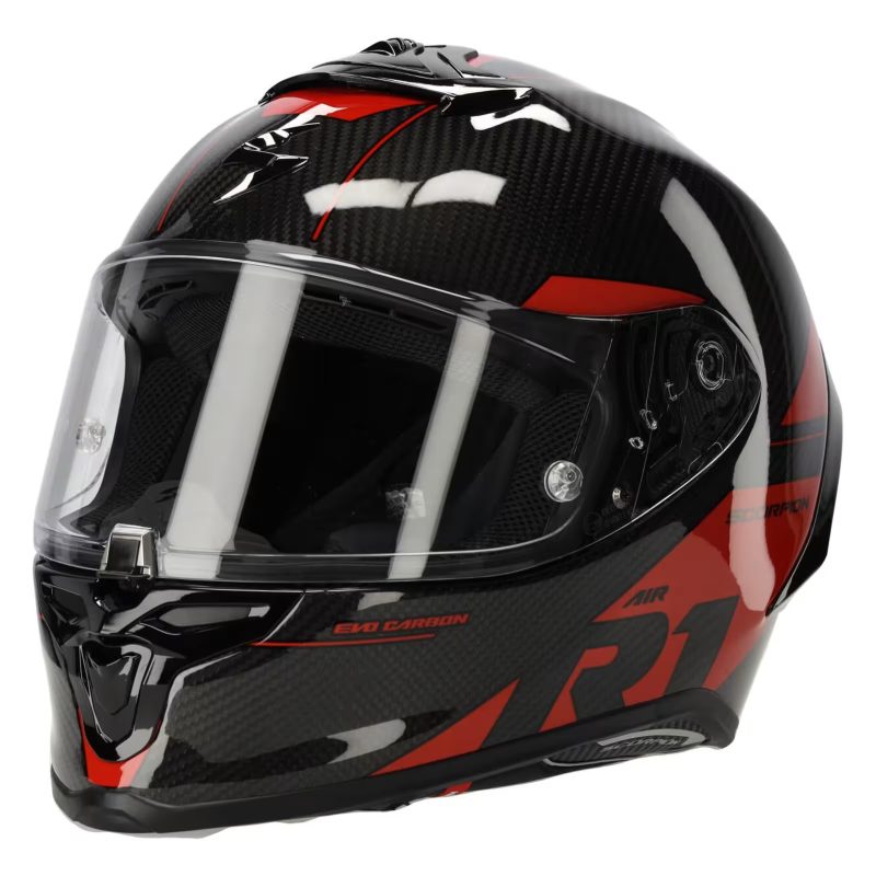 Scorpion Exo-R1 Evo Carbon Air – Casco integral de moto rojo mate y negro, ECE 22.06